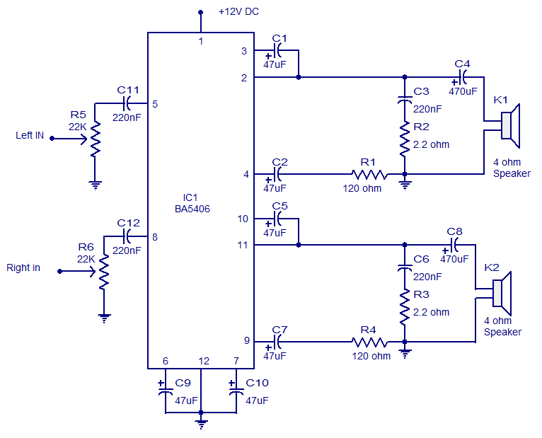 BA5406 Stereo Amplifier Circuit | audio wiring diagram
