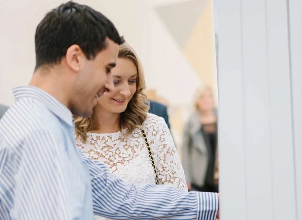 Hereditary Grand Duchess Stephanie visited opening of exhibition of artist Su-Mei Tse at Mudam Museum. wore crop bell sleeve lace top