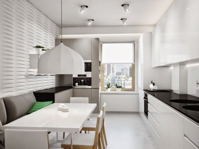 long narrow kitchen ideas: white narrow kitchen design with lights