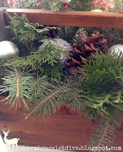 vintage wooden tool box ornaments evergreens Christmas centerpiece