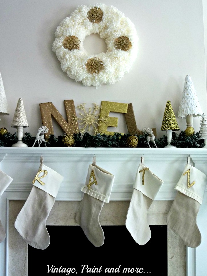 Vintage, Paint and more... drop cloth stockings, handcrafted cone trees and yarn wreath make a neutral but elegant Christmas mantel