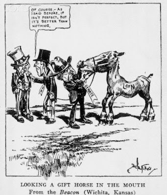 Cartoon published in the Wichita Beacon, Kansas USA, 1919, depicting Woodrow Wilson talking to Uncle Sam whilst a man representing the United States Senate looks into the mouth of a donkey.