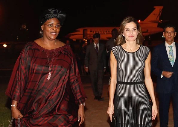 Queen Letizia wore Hugo Boss Franca Stretch Cotton Dress. Letizia met with First Lady Marieme Faye Sall in Dakar