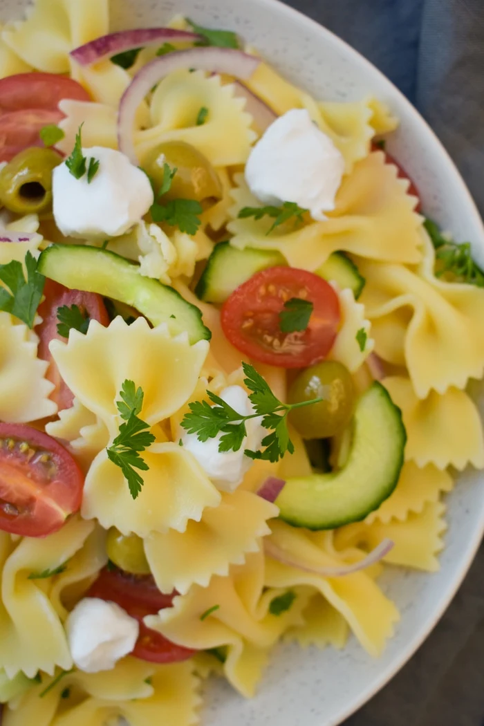 Close up of a Summer Greek Vegan Pasta Salad