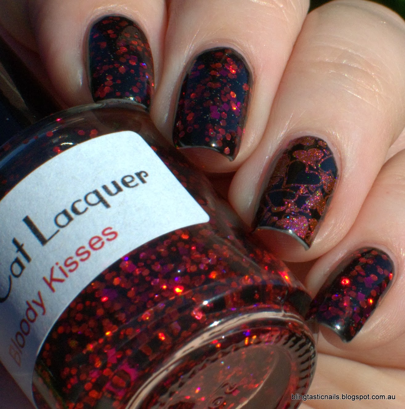 Valentines Day Black Cat Lacquer Bloody Kisses with Lilypad Lacquer Pink Flamingo stamping