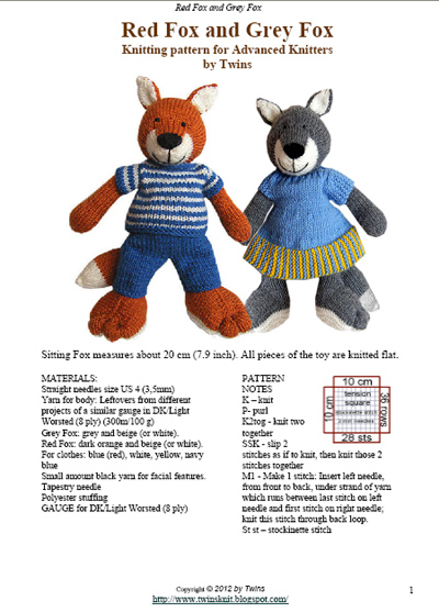Twins' Knitting Pattern MiniShop: Red Knitted Fox and Grey Knitted Fox ...