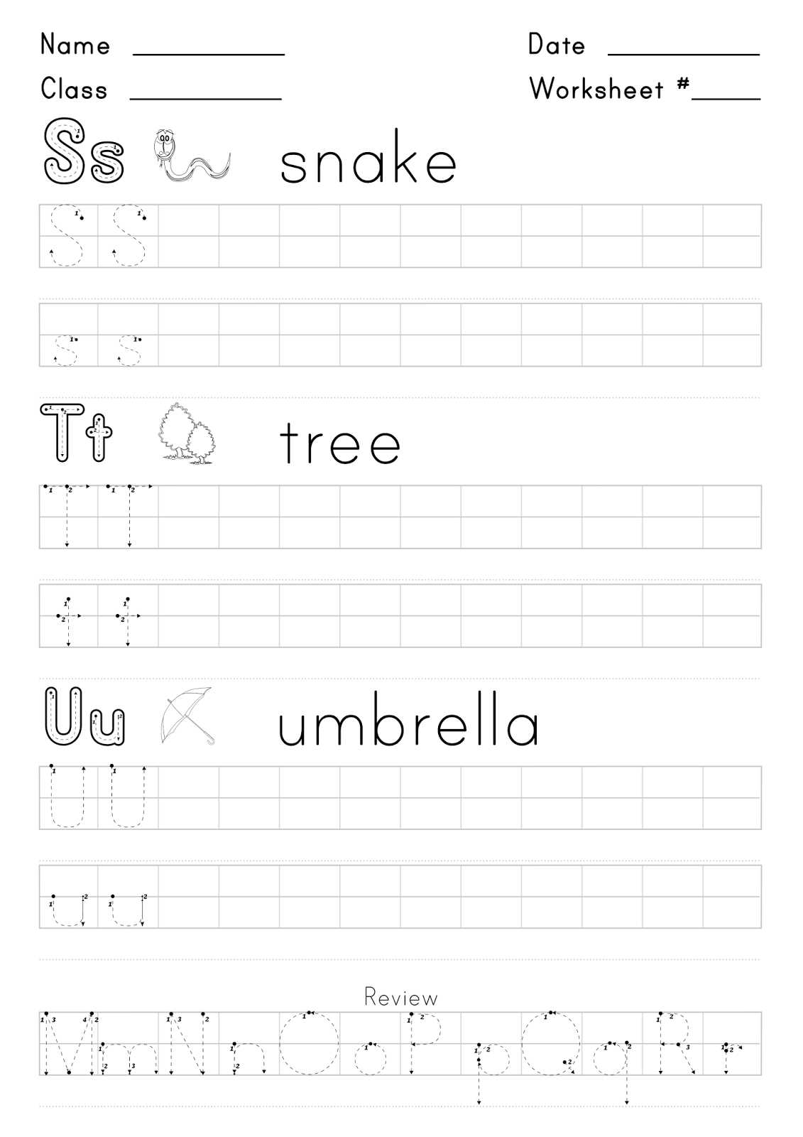 Worksheet for writing the letters S,T, and U. - Super English Kid