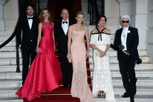 Antoine Arnault, Natalia Vodianova, Prince Albert II of Monaco, Princess Charlene of Monaco, Princess Caroline of Hanover and Karl Lagerfeld arrive at 'Love Ball' hosted by Natalia Vodianova in support of The Naked Heart Foundation at Opera Garnier 