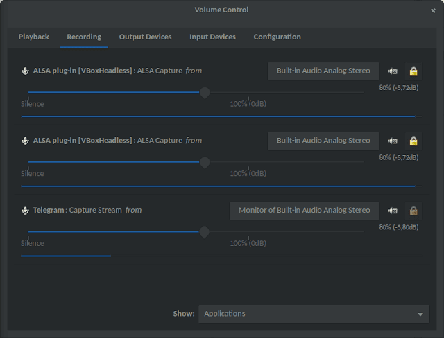 Jendela tab Recording pavucontrol yang menunjukkan Telegram Desktop merekam suara dari perangkat loopback