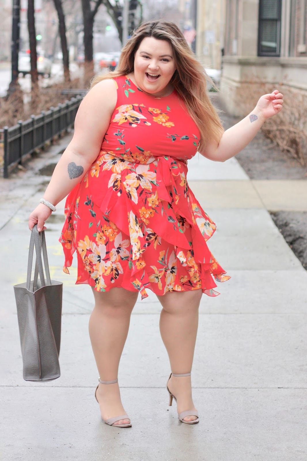 dressbarn, BELTED RUFFLED FLORAL DRESS, natalie craig, natalie in the city, Chicago blogger, midwest, florals for spring, how to mix spring and winter clothing, plus size dresses, plus size fashion blogger, plus size fashion for women, fatshion, plus size summer dresses, eloquii wool vest