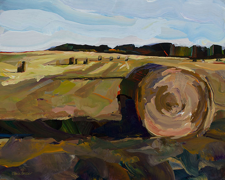 A painting of  a field containing bales of hay 
