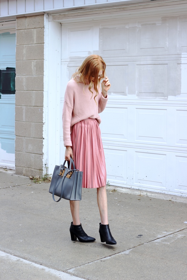 Pastels & Pastries Fall fashion, Pink on pink, midi skirt and knit sweater, Sophie Hulme tote