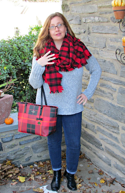 Grey Sweater and Jeans Styled With Red Plaid Accessories