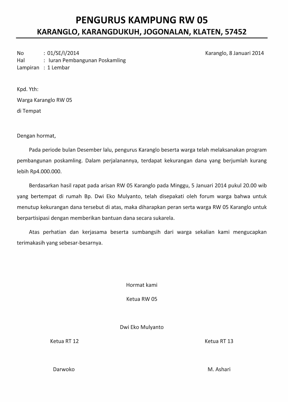 Contoh Surat Pemberitahuan Iuran Warga Rt