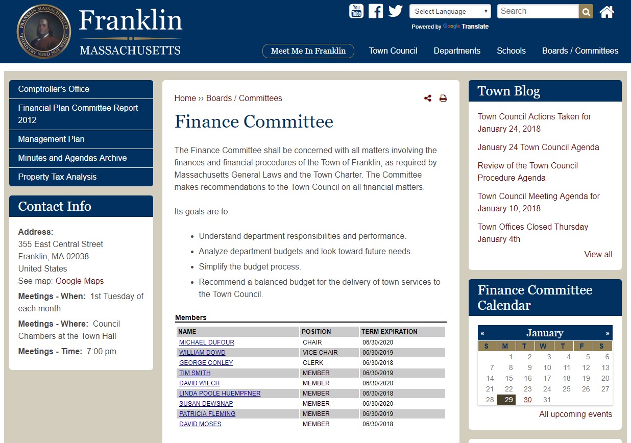 Franklin Matters Franklin, MA Finance Committee Agenda Jan 30, 2018