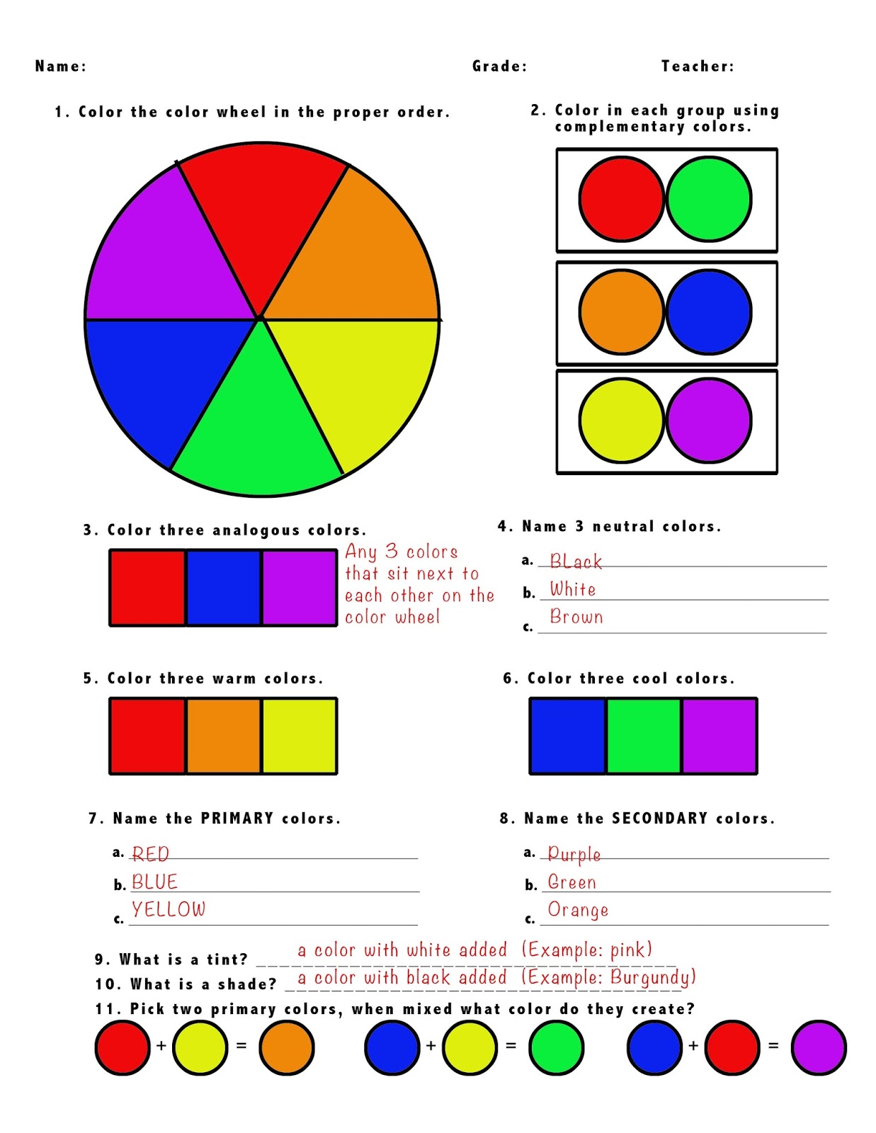 5th Grade Color Wheel Test Rodenbaughart Tint Adding White Pink Shade Black Maroon