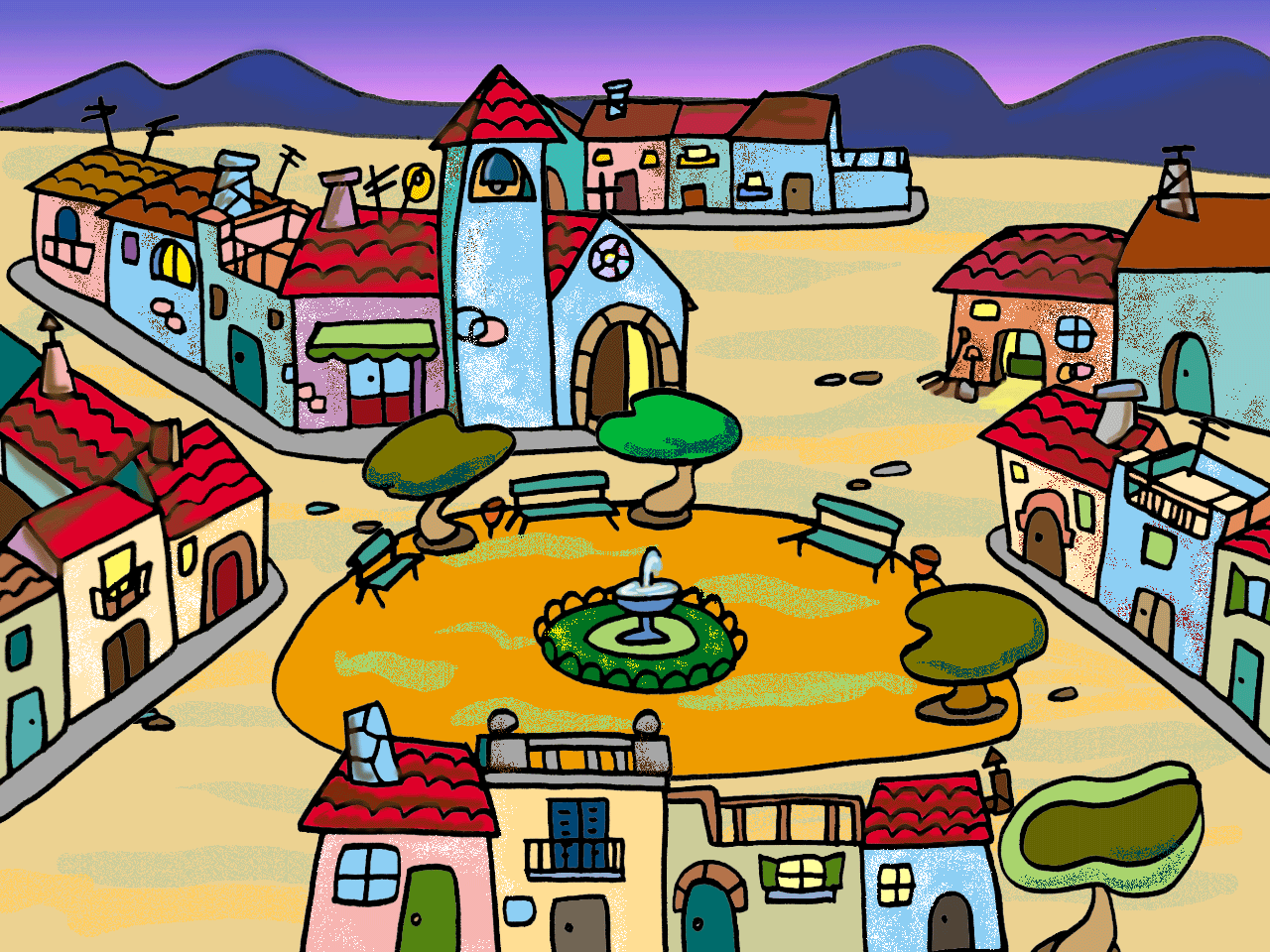 How many town. Детский город на Холме. Рисунок площади мультяшного. Town детские картинки. Дома в Перу рисунки.