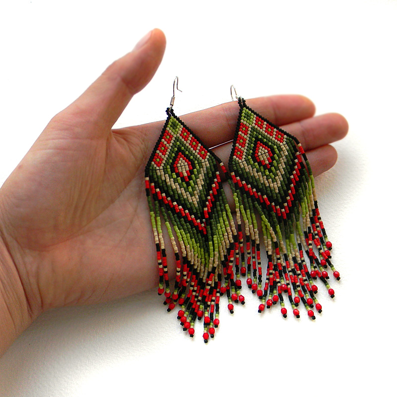 Large colorful seed bead earrings - red and green - beaded jewelry - long dangle earrings