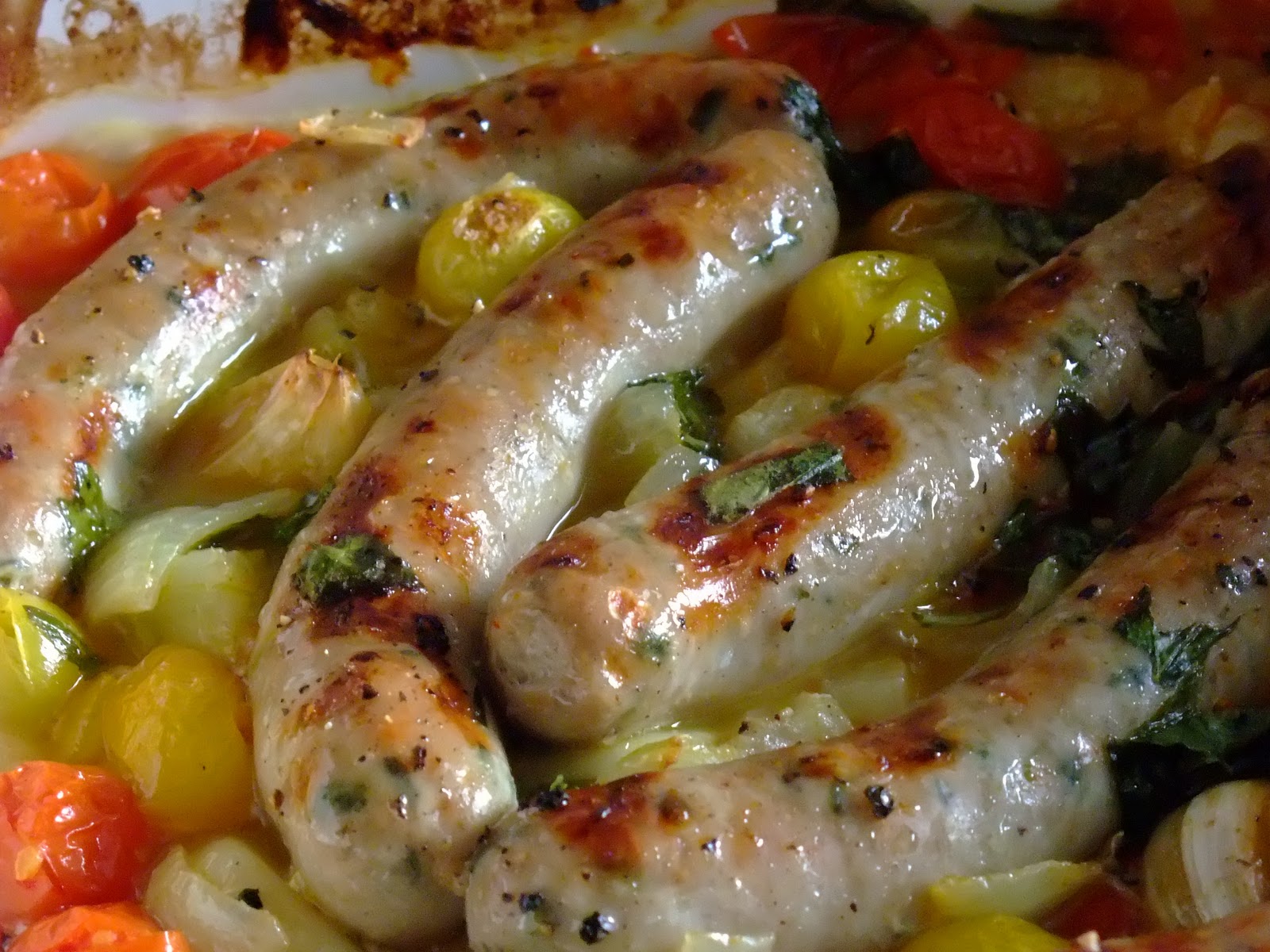 Jaana's kitchen Oven Baked Sausages & Tomatoes