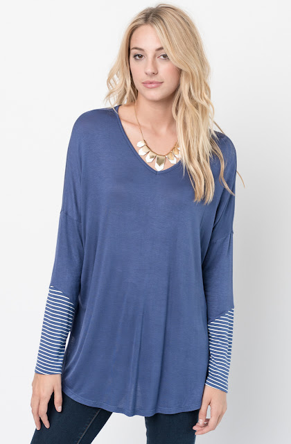 Buy Now Blue V-Neck Striped Panel Sleeve Tunic Online - $34 -@caralase.com