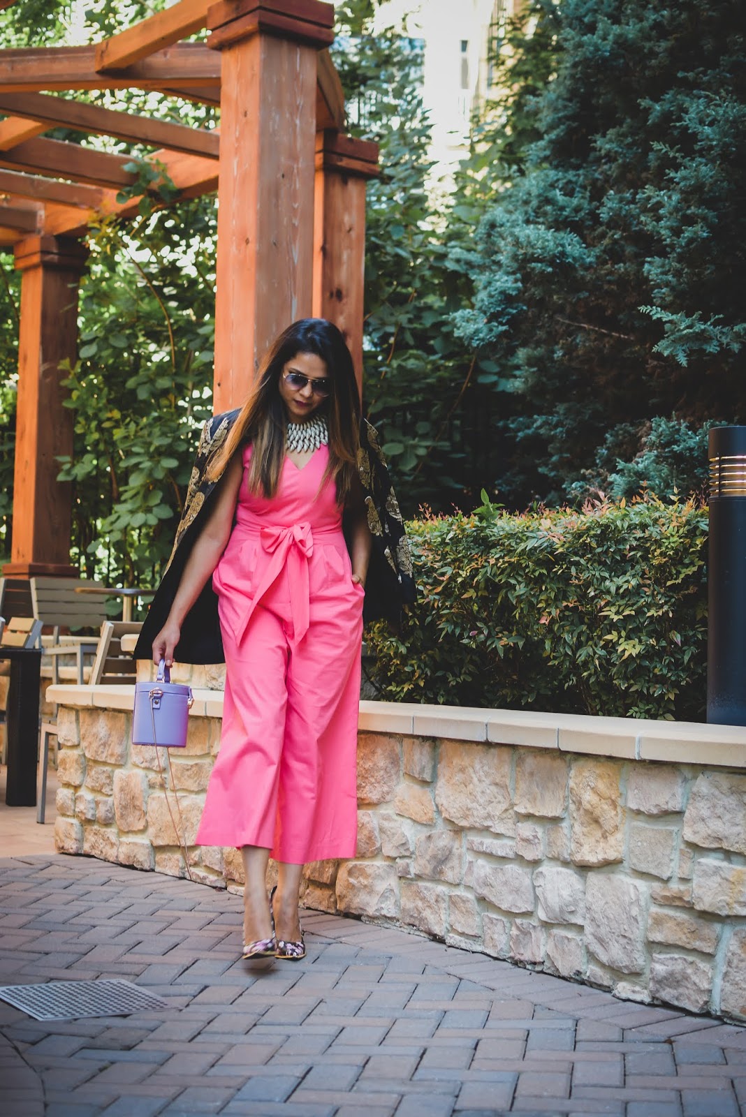 jumpsuit with jacquard blazer, indian brocade blazer, fusion outfit, salmon colored jumpsuit, fashion, street style, floral heels, black silk blazer, bow front jumpsuit, purple barrel bucket bag, myriad musings jumpsuit with jacquard blazer, indian brocade blazer, fusion outfit, salmon colored jumpsuit, fashion, street style, floral heels, black silk blazer, bow front jumpsuit, purple barrel bucket bag, myriad musings