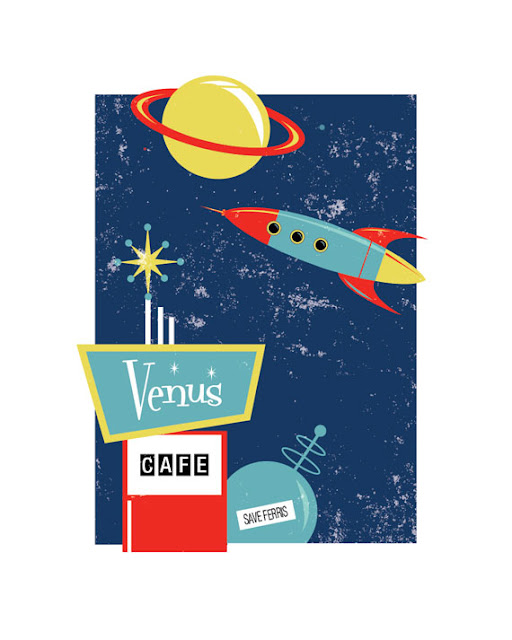 Retro space poster, save Ferris, fry cook on Venus. 