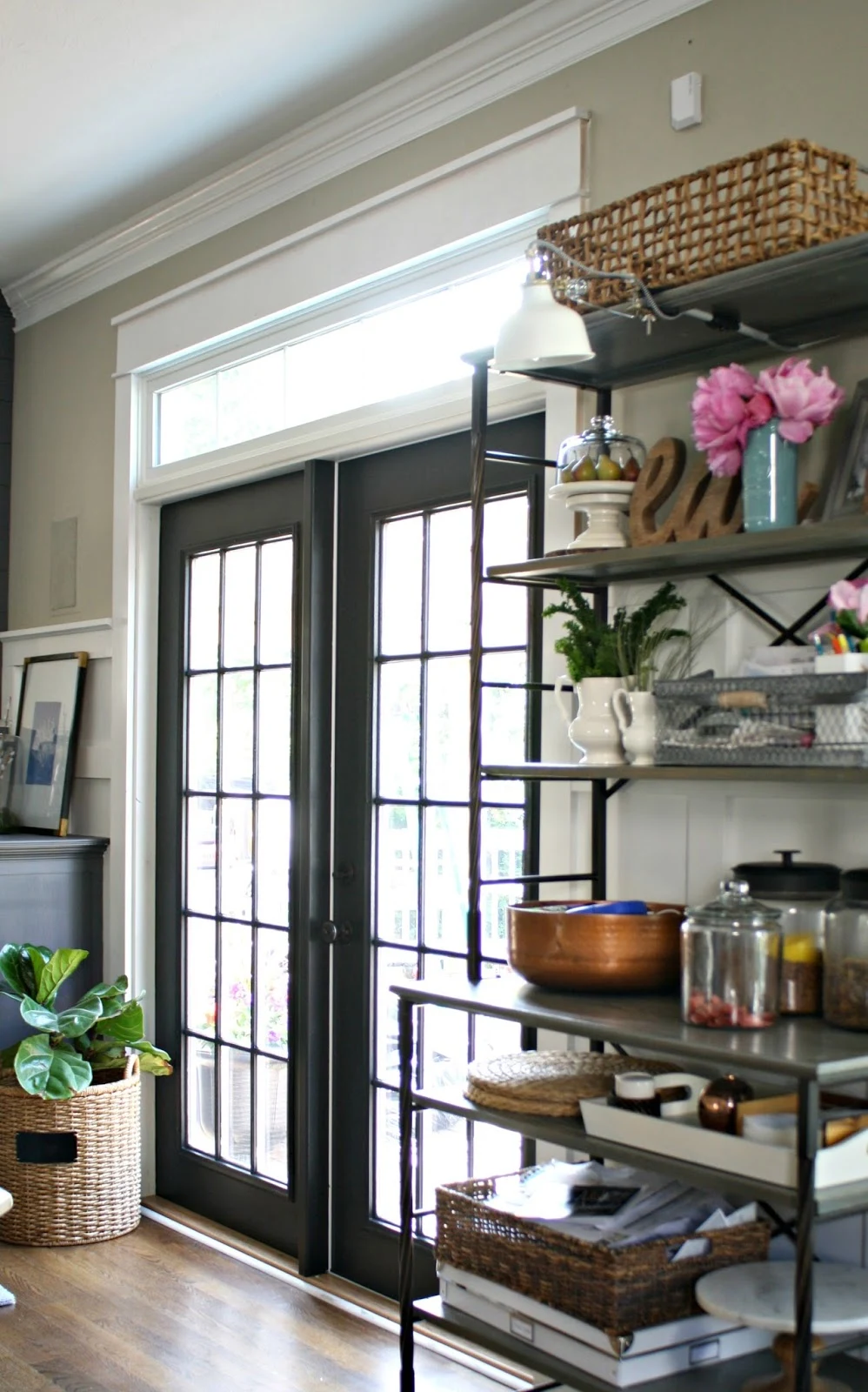 black french doors with white transom