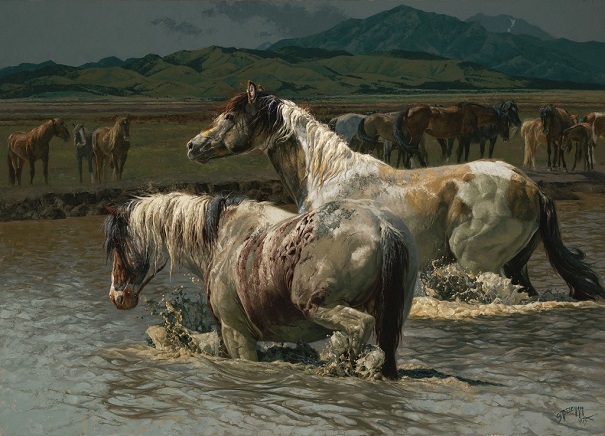 by Greg Beecham, "Paint Splashes, Wild Stallions of the Onaqui" - oil on linen | pinturas, obras de arte, american art. by Greg Beecham, "Paint Splashes, Wild Stallions of the Onaqui" - oil on linen | pinturas, obras de arte, imagenes bellas de paisajes, american art.