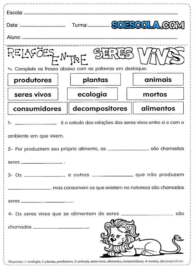 Atividades de Ciências 4° ano — SÓ ESCOLA