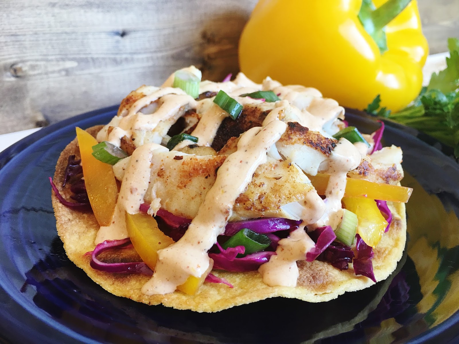 Fleur DeLectable Cajun Fish Taco Tostadas with Mardi Gras Slaw and