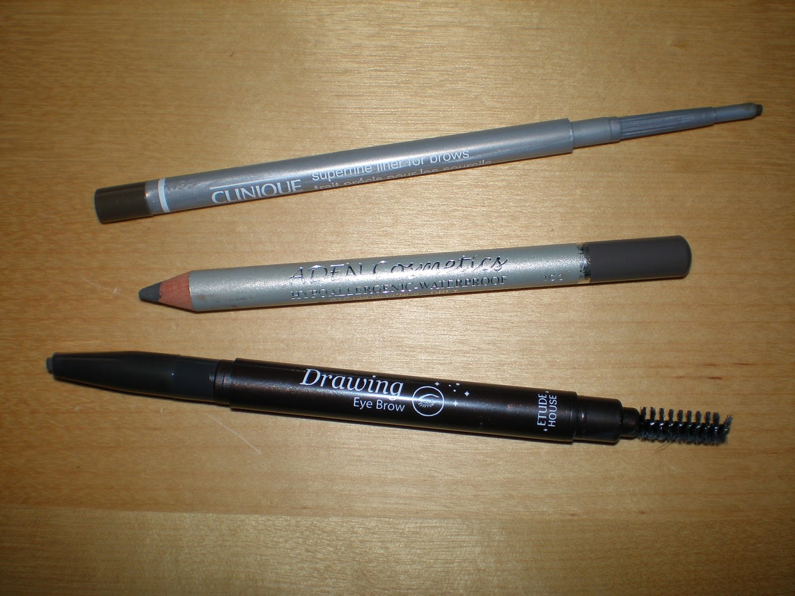 From top: Clinique Superfine liner for brows, Aden Cosmetics Eyebrow pencil,  Etude House Drawing Eye Brow Pencil