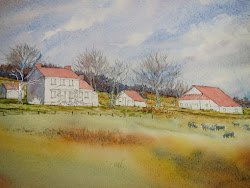 farm winter watercolor step scene painted barns grey were darker tones roofs added light