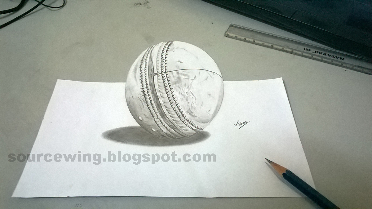 3d pencil drawing of a cricket ball