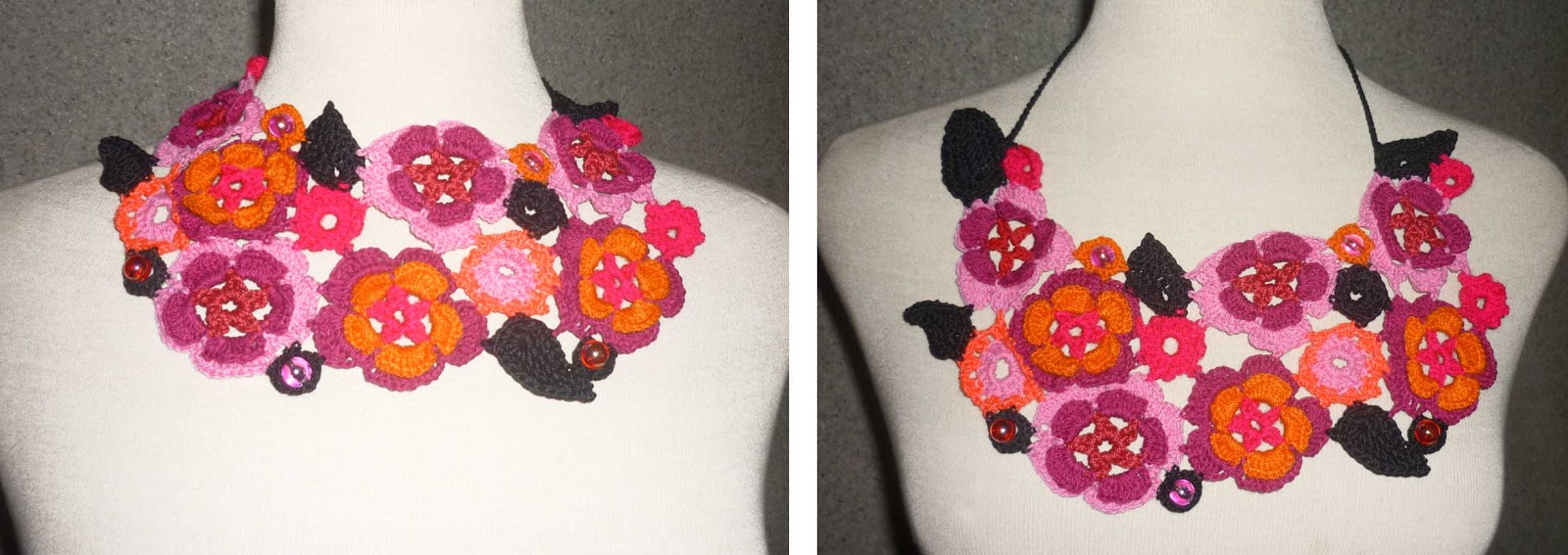Tejidos Carmesí: Collar tejido de flores tejidas a crochet en colores rosados, fucsia, negro y naranja, adornado con cuentas rosadas