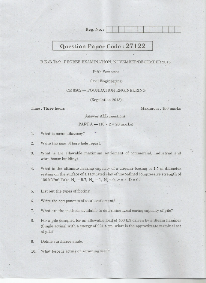 CE6502 Foundation Engineering Nov Dec 2015 Question Paper University Question Papers
