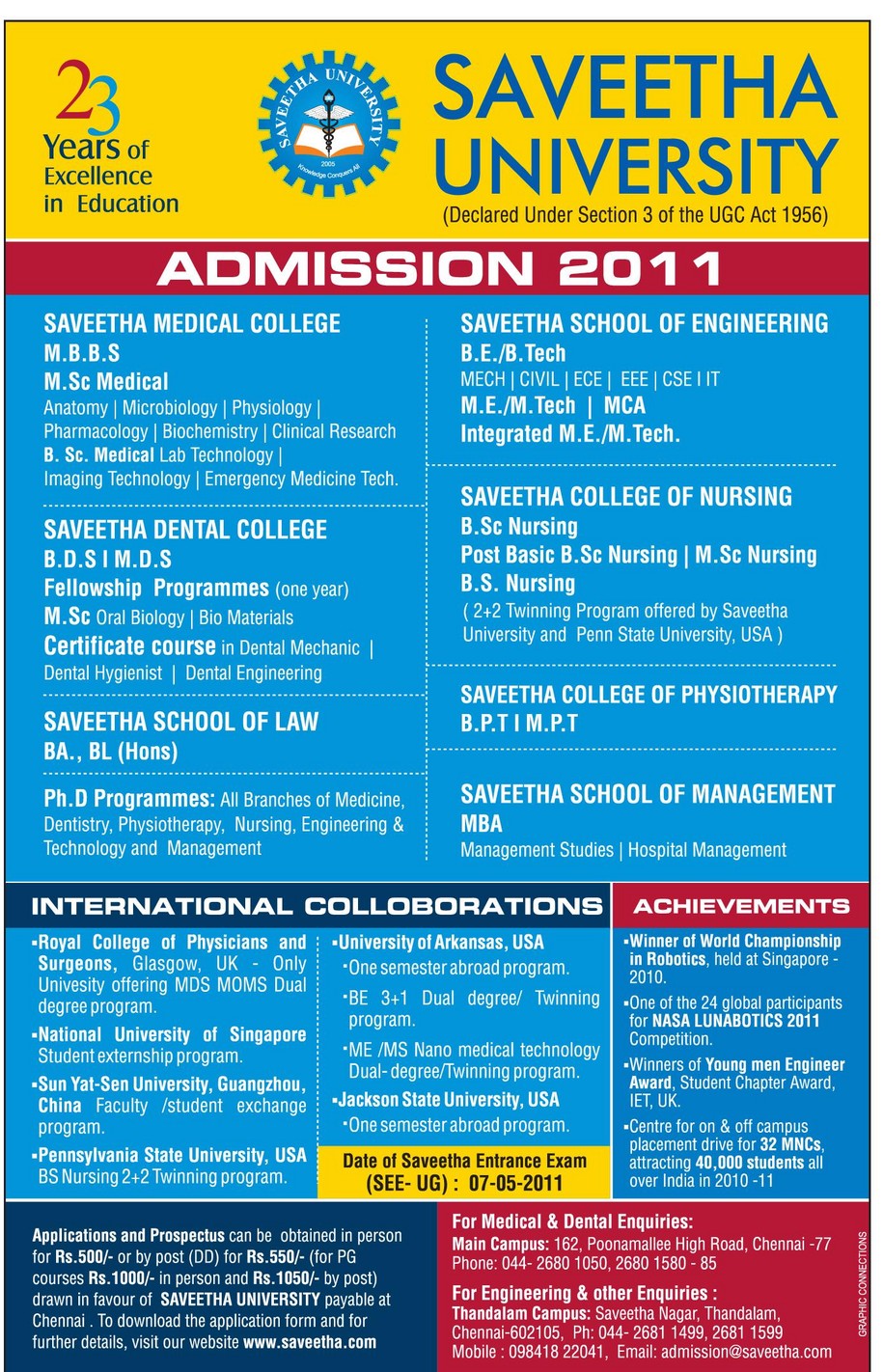 Admission Alerts: Saveetha University: Admissions 2011 12 Admission Alerts: Saveetha University: Admissions 2011 12