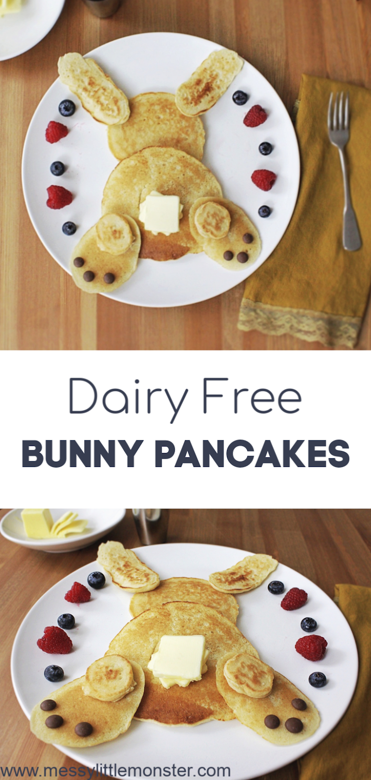 Dairy free pancakes. These bunny pancakes are made usinga dairy free panckae recipe. They would be cute used as easter bunny pancakes. 