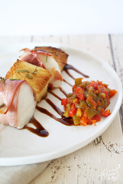 Brochettes de Cabillaud au Jambon Sec et ses Compotées de Légumes - Une Graine d'Idée Brochettes Cabillaud Jambon Sec Compotées Poivrons Courgettes Tomates