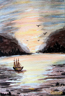 sunset,boat,sea,birds,sky,scene,illustration, painted,watercolor,water,miniature,landscape