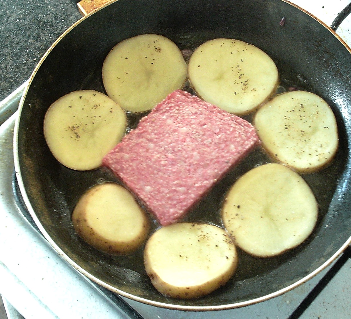 Modern Scottish Food and Recipes Sausage, Fried Potatoes and Spicy Beans