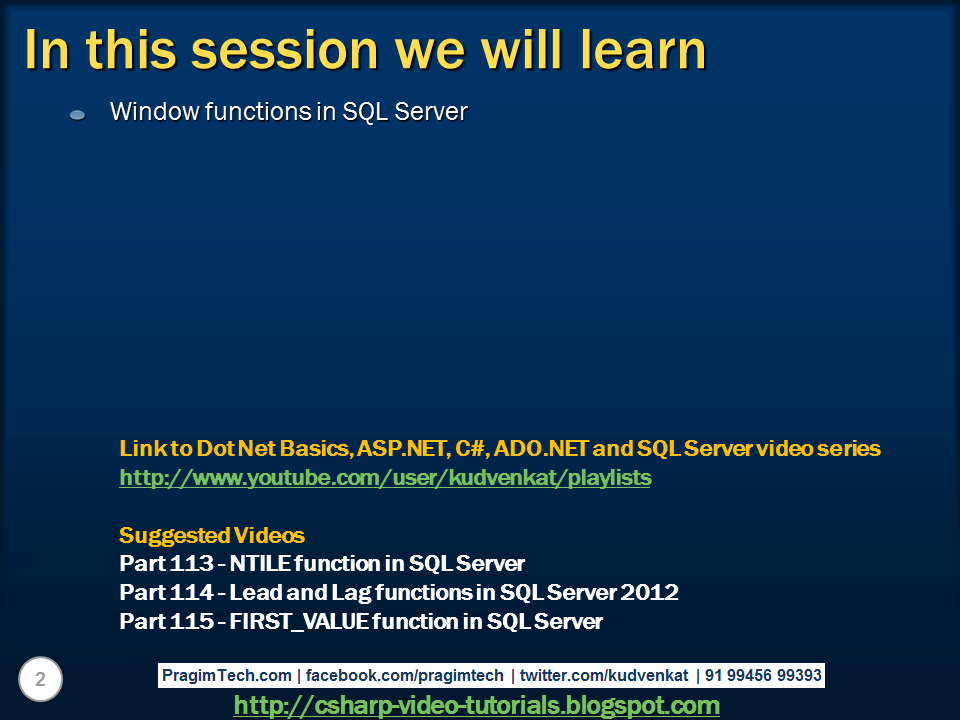 Sql server, .net and c# video tutorial: Window functions in SQL Server