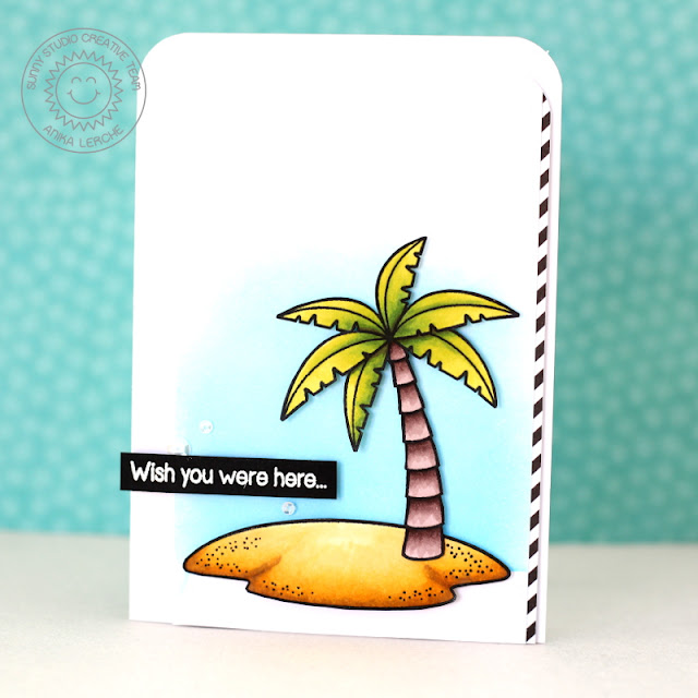 Sunny Studio Stamps: Island Getaway Palm Tree Wish You Were Here card by Anni Lerche.