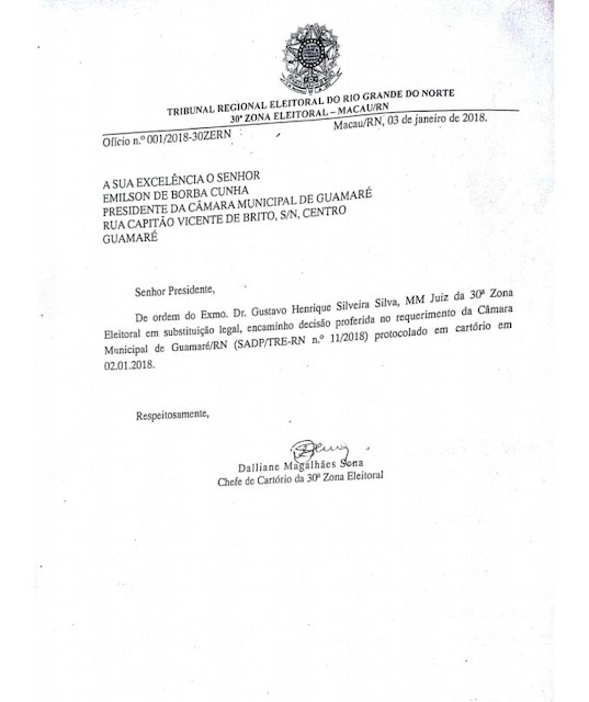 Guamaré: Após solicitar orientação da 30ª Zona eleitoral, presidente cancela sessão extraordinária