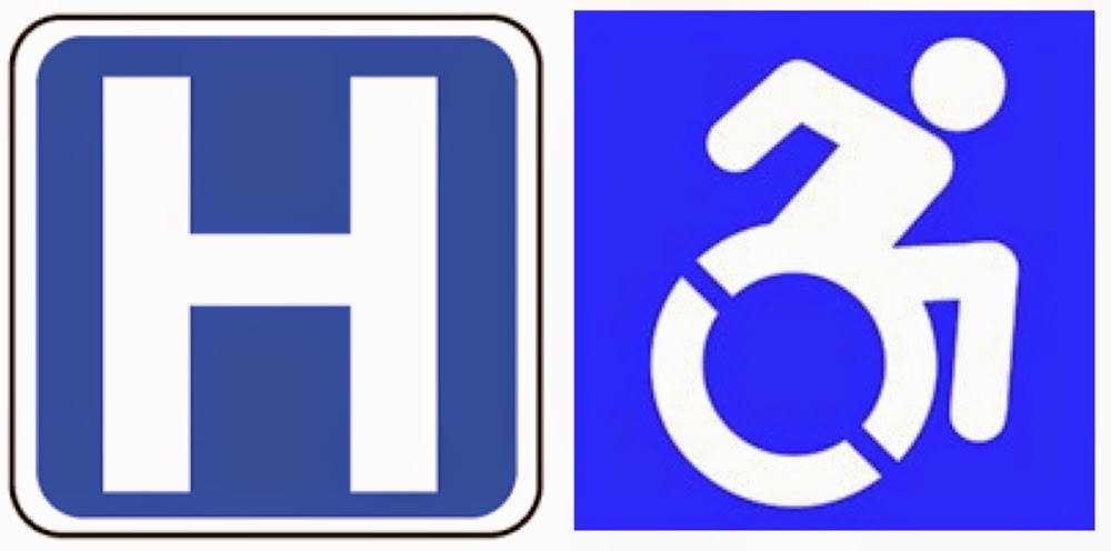 Hospital icon on the left, moving wheelchair icon on the right