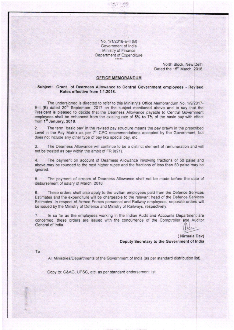 DA Orders to Central Government Employees w.e.f 01.01.18DoP Order SA