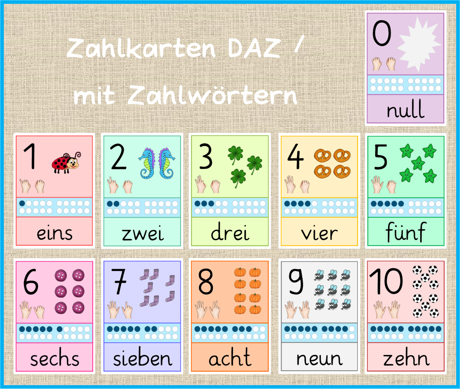 Frau Locke: Zahlkarten DAZ / mit Zahlwörtern