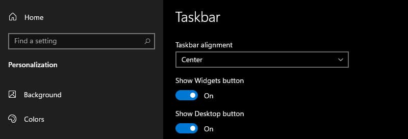 Default taskbar alignment in Windows 11
