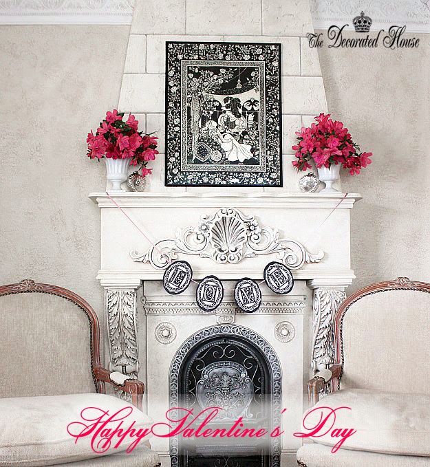 The Decorated House - Valentine's Day Mantel 2014. Black & White Art of Beauty and The Beast, Silver Mercury Glass Hearts, Milk Glass with Pink Azaleas 