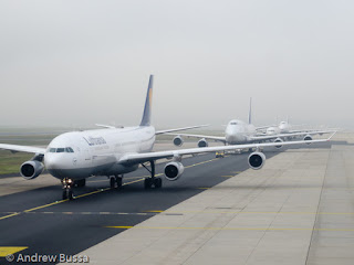 Lufthansa Wide Body Jets Lined Up to Depart A340 B747