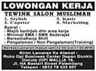 Loker TEWINK SALON MUSLIMAH Palembang